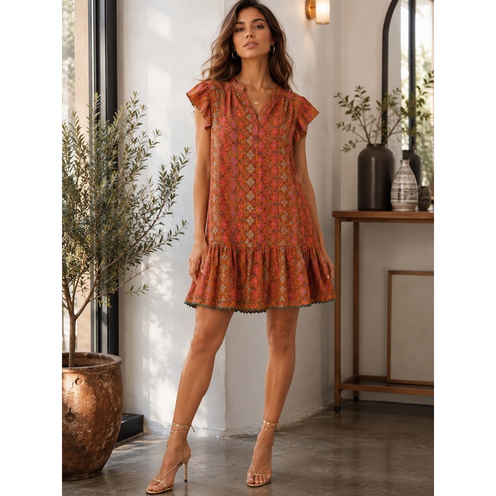 Saloni Orange Multicolor Ruffle‎ Silk Blend Mini Dress (MSRP: $695) Size 2